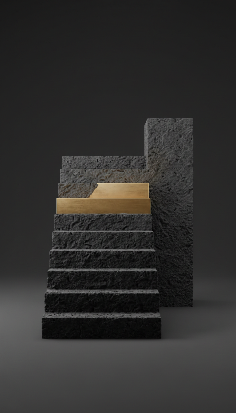 Textured charcoal stairwell with inset gold step
